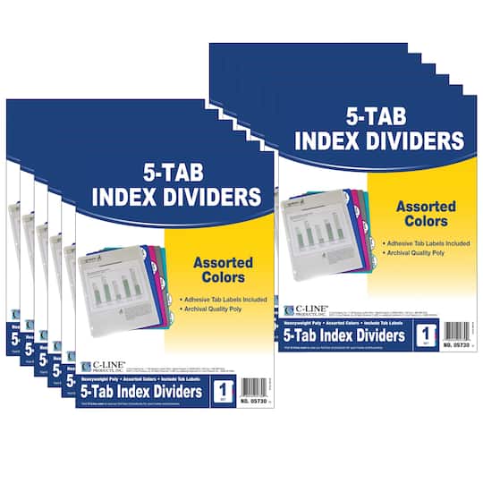 C-Line Products CLI05730-12 5 Tab Poly Index Dividers Assorted 5 Standard Tab - Pack of 12